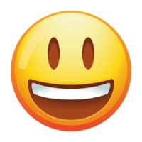 een levendig grijnzend emoji gezicht met groot ogen en een breed glimlach, presentatie van vreugde en speelsheid in helder geel kleuren en gemakkelijk tekenfilm Kenmerken. png