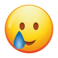 A smiling emoji face with a tear, combining happiness and emotion, featuring a warm smile and a single tear in bright yellow colors. png