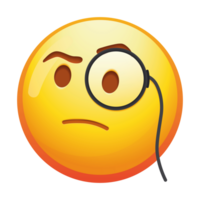 A distinguished emoji face with a monocle, conveying curiosity and sophistication with a subtle smile and bright yellow colors. png
