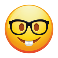 A quirky emoji nerd face with oversized glasses and a big smile, radiating intelligence and playfulness in bright yellow colors. png