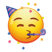 A festive partying emoji face with a party hat and blowing confetti, expressing joy and celebration with bright yellow colors. png