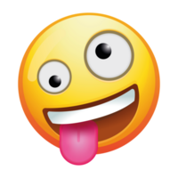 A zany emoji face with a wild expression, featuring a big grin and quirky features, capturing a sense of fun and excitement with bright yellow colors. png