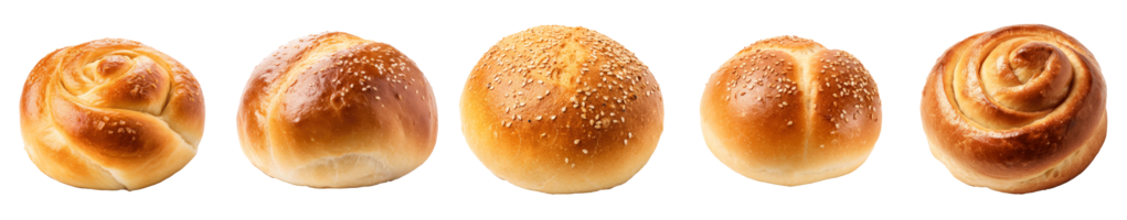 Assorted freshly baked bread rolls arranged on a transparent background png