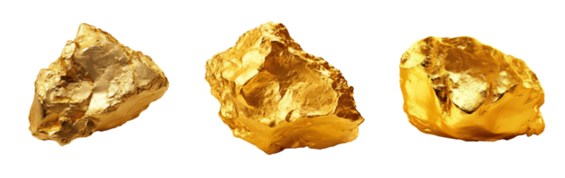 Three shiny gold nuggets isolated on a transparent background png