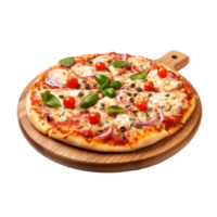Pizza on wooden cutting board. Realistic cutout element isolated on transparent background. . png