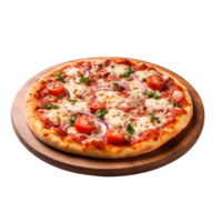Pizza on wooden cutting board. Realistic cutout element isolated on transparent background. . png