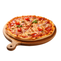 Pizza on wooden cutting board. Realistic cutout element isolated on transparent background. . png