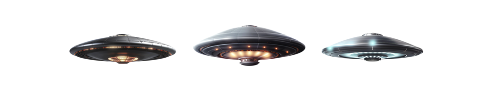 Three futuristic flying saucers in a row with a sleek design png
