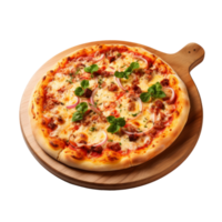 Pizza on wooden cutting board. Realistic cutout element isolated on transparent background. . png