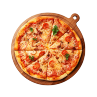 Pizza on wooden cutting board. Realistic cutout element isolated on transparent background. . png