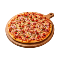 Pizza on wooden cutting board. Realistic cutout element isolated on transparent background. . png
