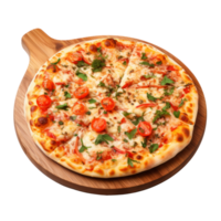 Pizza on wooden cutting board. Realistic cutout element isolated on transparent background. . png