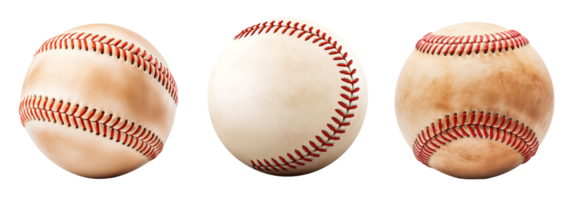 Three baseballs showcasing different textures and conditions on a transparent background png