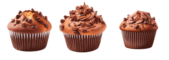 Three delicious chocolate cupcakes with frosting on a white background png