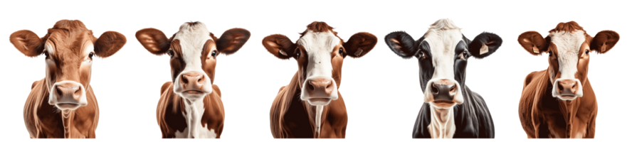 ein Gruppe von Kühe im verschiedene Farben isoliert auf ein transparent Hintergrund png