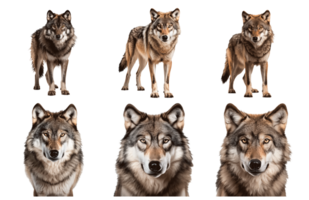 Collection of wolves showing different poses and expressions on transparent background png
