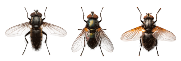 Three detailed honeybees showcasing their structure and wings on transparent background png