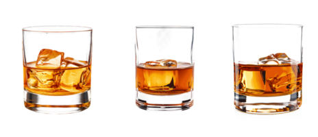 Three glasses of whiskey with ice cubes on a transparent background png