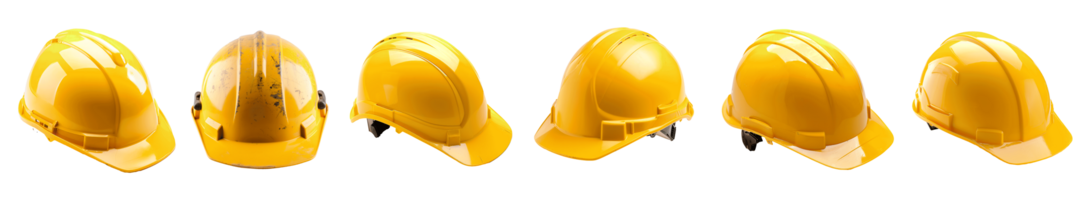 A series of yellow hard hats arranged in a row on a transparent background png