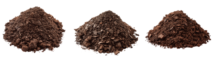Three distinct piles of soil showcasing different textures and colors png