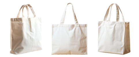 Three white canvas tote bags displayed from different angles png