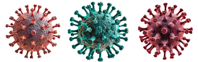 3D render of coronavirus models showcasing different structures and colors png