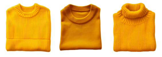 Three folded yellow sweaters showcasing different styles and textures png