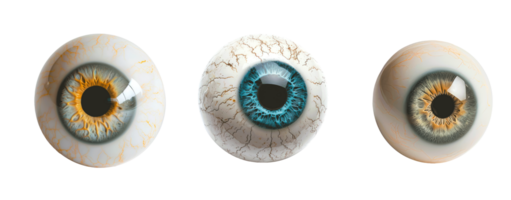 Three realistic human eyes with different colors and details on transparent background png