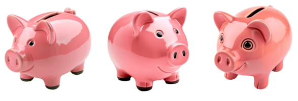 Three cute pink piggy banks isolated on a transparent background png