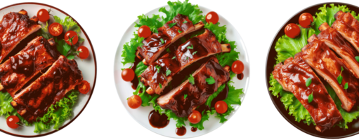 Assorted barbecue ribs served with salad and tomatoes on plates png