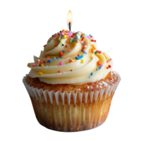 A delicious cupcake with frosting and colorful sprinkles topped with a candle png
