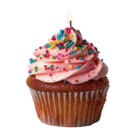 A colorful cupcake with pink frosting and sprinkles topped with a candle png