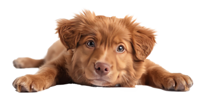 Cute brown puppy lying down with a playful expression on its face png