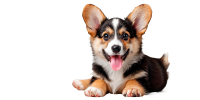 A happy corgi puppy lying down with a playful expression. png