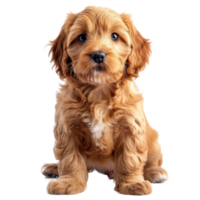 Adorable golden puppy sitting with a playful expression on its face png
