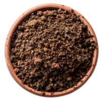 A top view of rich brown soil in a clay pot png