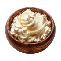 Delicious whipped cream in a wooden bowl perfect for desserts and toppings png