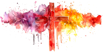 Watercolor artistic depiction of a cross with vibrant colors and abstract background png