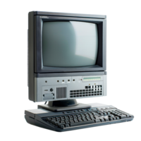 A vintage desktop computer with monitor and keyboard on a transparent background png