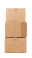 Three stacked cardboard boxes with tape on a transparent background png