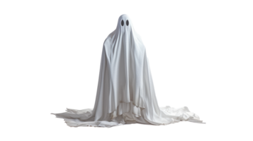 A spooky ghost in a white sheet costume isolated on a transparent background png