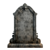 An ornate stone tombstone with a skull design on top isolated on transparent background png