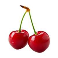 Two ripe red cherries with green stems isolated on a transparent background png