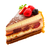 Delicious slice of layered chocolate and fruit cake with berries png