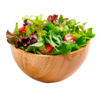 A vibrant salad with fresh greens and tomatoes in a wooden bowl png
