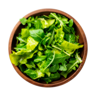 Fresh mixed salad greens in a wooden bowl on transparent background png
