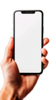 ein Hand halten ein Smartphone mit ein leer Bildschirm auf ein transparent Hintergrund. png
