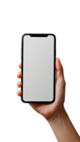 A hand holding a smartphone with a blank screen isolated on a transparent background. png