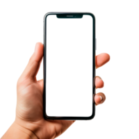 Hand holding a smartphone with a blank screen on a transparent background png