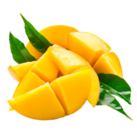 Freshly sliced mango pieces with green leaves on a transparent background png